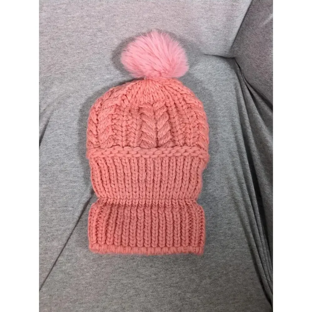 Chunky Knit Beanie Sherpa Lined Pom Cable Knit Fold-Up Cuff Winter Ski Cozy Pink